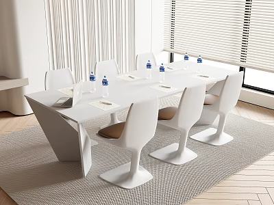Modern White Conference Table With Stylish Chairs And Water Bottles On Area Rug In Office 3d model