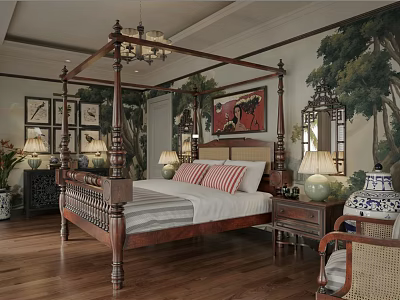 Traditional Chinese Bedroom Interior With Wooden Four Poster Bed Green Tree Mural And Ceramic Vases 3d model