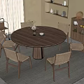 Modern Minimalist Round Wooden Dining Table Set with Six Rattan Back Chairs and Area Rug