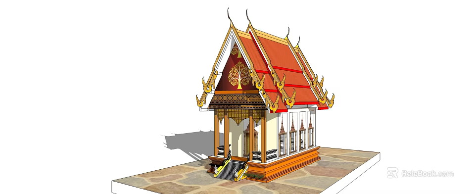 Traditional Ancient Architecture With Red Roof Golden Ornaments And Intricate Carvings 3d model 