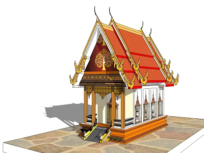 Traditional Ancient Architecture With Red Roof Golden Ornaments And Intricate Carvings 3d model
