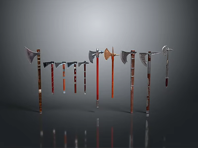 Various Medieval Battle Axes With Different Designs Arranged On Gray Background 3d model