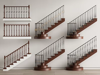 Different Staircase Design Styles Featuring Wooden Metal Railings And White Brown Steps 3d model