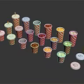 Red and White Striped Paper Cups Containing Popcorn and Snacks with Straws and Lids