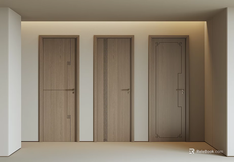 Three Modern Wooden Hinged Doors Featuring Different Decorative Patterns In Contemporary Interior 3d model