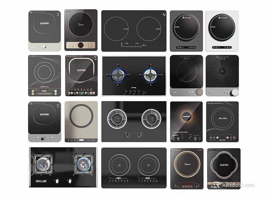 Assorted Modern Kitchen Cooktops With Different Designs And Control Features 3d model 
