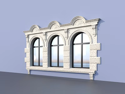 Three Arched Windows With Decorative Stone Frames On Light Blue Wall And Gray Floor 3d model