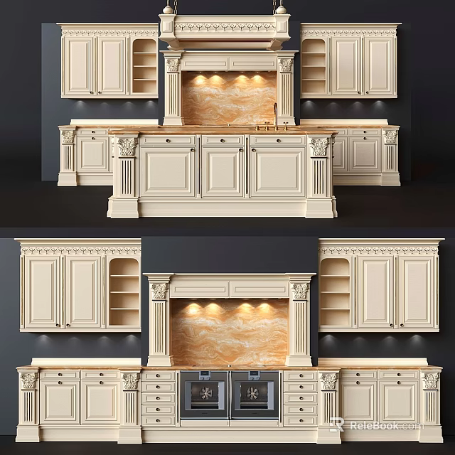 Elegant Classical Kitchen Interior Design With Marble Countertop Lighting And Carved Cabinets 3d model 
