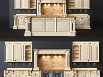 Elegant Classical Kitchen Interior Design With Marble Countertop Lighting And Carved Cabinets 3d model