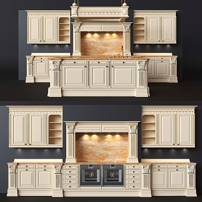 Elegant Classical Kitchen Interior Design With Marble Countertop Lighting And Carved Cabinets 3d model