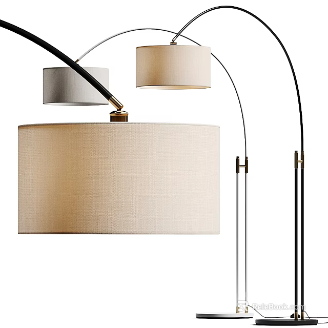 Modern Floor Lamp With Beige Fabric Shade And Curved Black Metal Stand Design 3d model 