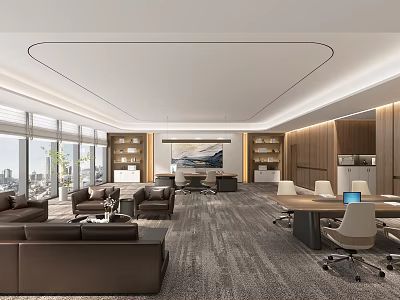 Modern Office Interior Design With Large Windows City View Sofa Area And Meeting Table 3d model