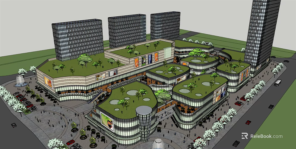 Modern Commercial Street With Green Roof Gardens And Open Pedestrian Spaces 3d model 