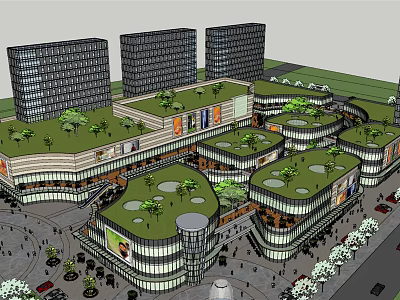 Modern Commercial Street With Green Roof Gardens And Open Pedestrian Spaces 3d model