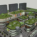 Modern Commercial Street With Green Roof Gardens And Open Pedestrian Spaces