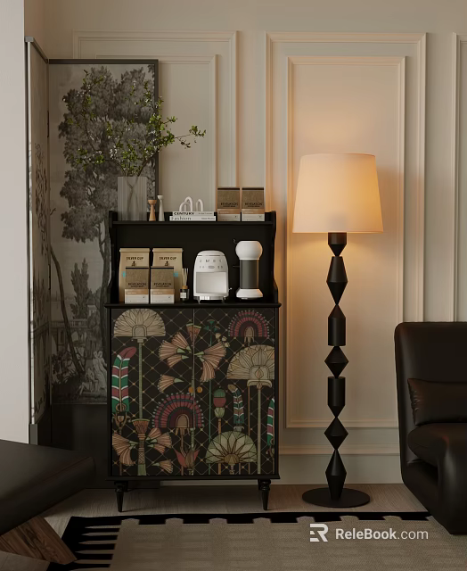 Floral Decorative Cabinet With Coffee Machine Tea Boxes Green Plant Near White Shade Floor Lamp 3d model 