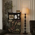 Floral Decorative Cabinet With Coffee Machine Tea Boxes Green Plant Near White Shade Floor Lamp
