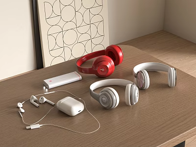 Red And White Over Ear In Ear Headphones With Speakers On Wooden Table 3d model