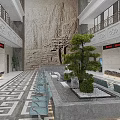 Court Service Hall Interior Design With Marble Counters Green Plant And Geometric Floor Pattern