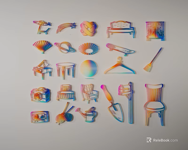 Modern Colorful Wall Decor With Various Iridescent Decorative Items On White Background 3d model