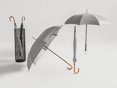 Gray Umbrellas With Wooden Handles Open And Folded In Black Stand 3d model