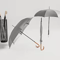 Gray Umbrellas With Wooden Handles Open And Folded In Black Stand