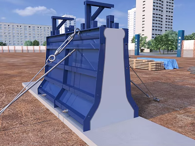 Blue Construction Site Fence With Metal Support Frames On Dirt Ground Near Buildings 3d model