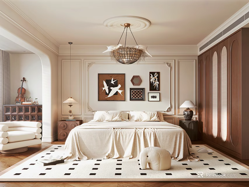 Elegant Modern Bedroom Interior With Chandelier King Bed And Area Rug 3d model 
