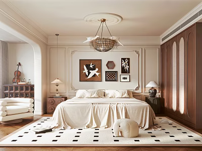 Elegant Modern Bedroom Interior With Chandelier King Bed And Area Rug 3d model