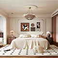 Elegant Modern Bedroom Interior With Chandelier King Bed And Area Rug