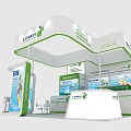 LINH Exhibition Booth With White And Green Design Display Screens And Reception Counter