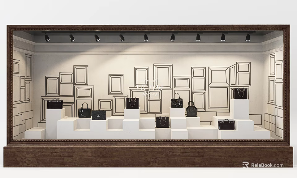 Store Window Display Featuring White Platforms Black Handbags And Black Line Drawn Frames With Spotlights 3d model 