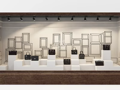 Store Window Display Featuring White Platforms Black Handbags And Black Line Drawn Frames With Spotlights 3d model