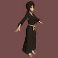 3D Anime Character in Black Kimono with Brown Belt and Sword on Simple Brown Background