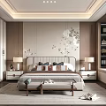 Elegant Modern Bedroom Interior Design With Floral Pattern Wall And Bedside Lamps 3d model
