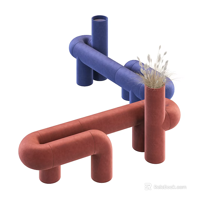 Modern Public Chair Design With Blue And Red Curved Tubes And Decorative Grass 3d model 