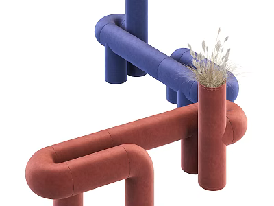 Modern Public Chair Design With Blue And Red Curved Tubes And Decorative Grass 3d model