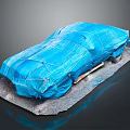 Car Covered With Blue Tarp Placed On Gray Platform Against Dark Background 3d model