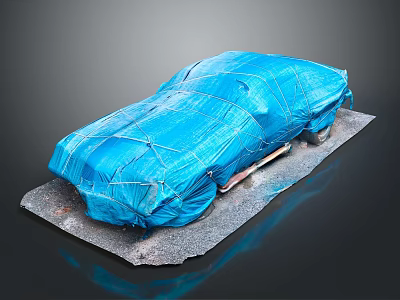 Car Covered With Blue Tarp Placed On Gray Platform Against Dark Background 3d model