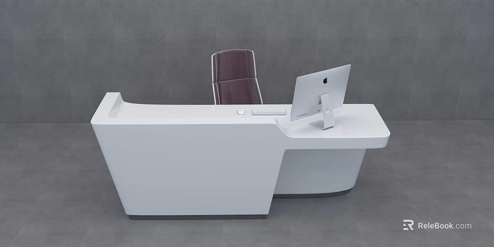 Modern White Curved Reception Desk With Purple Chair And Computer Monitor In Office Lobby 3d model 