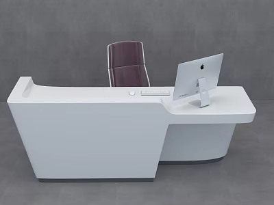 Modern White Curved Reception Desk With Purple Chair And Computer Monitor In Office Lobby 3d model