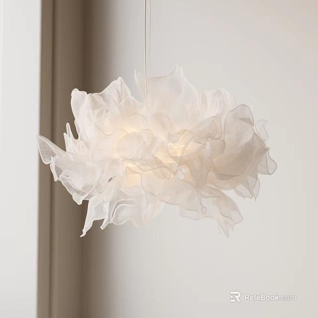 White Ruffled Fabric Chandelier Modern Minimalist Interior With Flowy Petal Design 3d model 