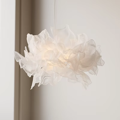 White Ruffled Fabric Chandelier Modern Minimalist Interior With Flowy Petal Design 3d model