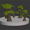 Green Leafy Trees with Brown Trunks on White Circular Platform and Small Red Object 3d model