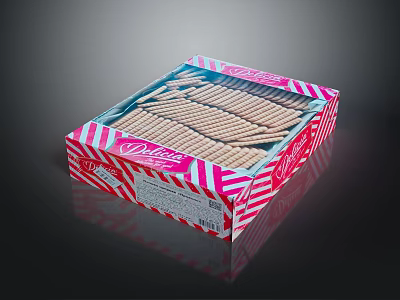 Delicia Wafer Cookies In Pink And White Striped Box With Layered Biscuits 3d model