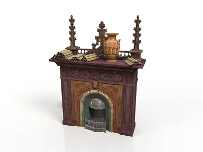 Traditional Fireplace Mantel Design With Carved Details Spire Ornaments And Ceramic Vase 3d model