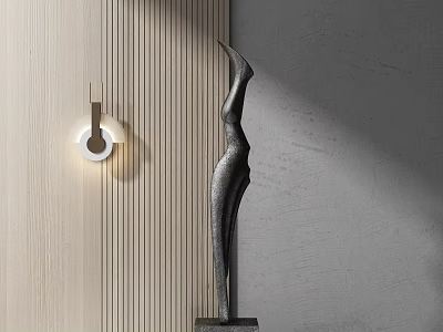 Modern Abstract Metal Sculpture Carving With Human Form Design And Indoor Lighting Setup 3d model