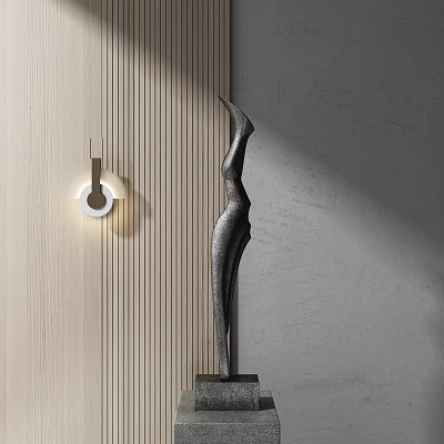 Modern Abstract Metal Sculpture Carving With Human Form Design And Indoor Lighting Setup 3d model