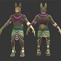 Mythical Jackal Headed Character 3D Model Purple Body Golden Decorations Blue Sash Front Back Views