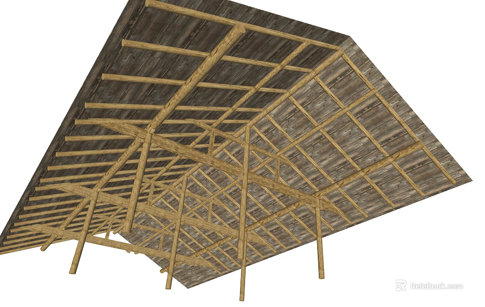 Wooden Ceiling Grid Design With Support Beams And Framework Structure 3d model